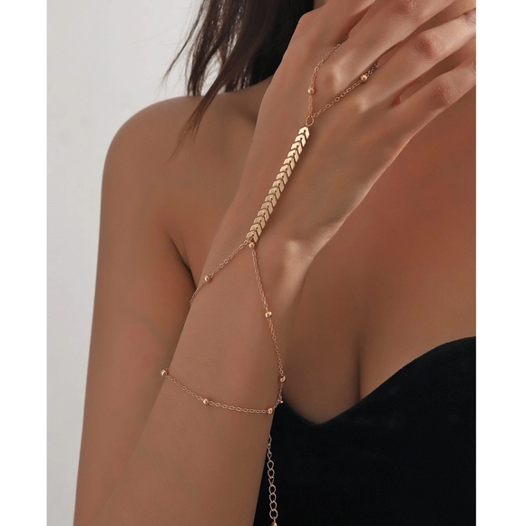 Boho Gold tone Leaf Ring Bracelet Chain Jewelry